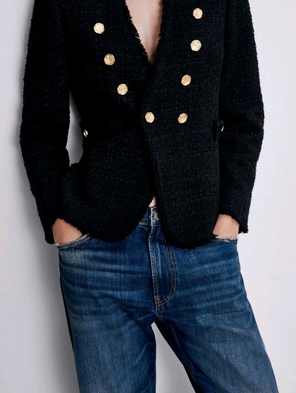 ZARA Black Frayed Edge Gold Button Mid-Length Tweed Blazer Women Size Large - Picture 6 of 6